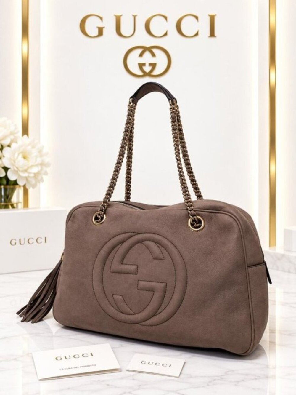 Authentic Gucci Soho Chain Shoulder Bag Taupe Leather GG Logo Tassel Luxury Tote